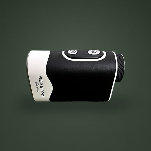 SEASONS laser rangefinder, three-quarter view showing the logo, control buttons and focus ring
