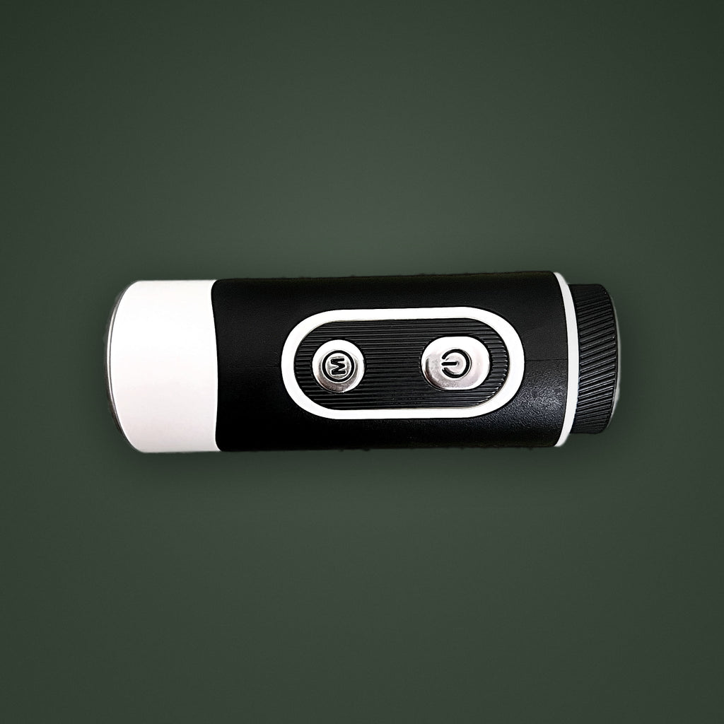 Top-down view of the SEASONS rangefinder two-button controls, mode and power