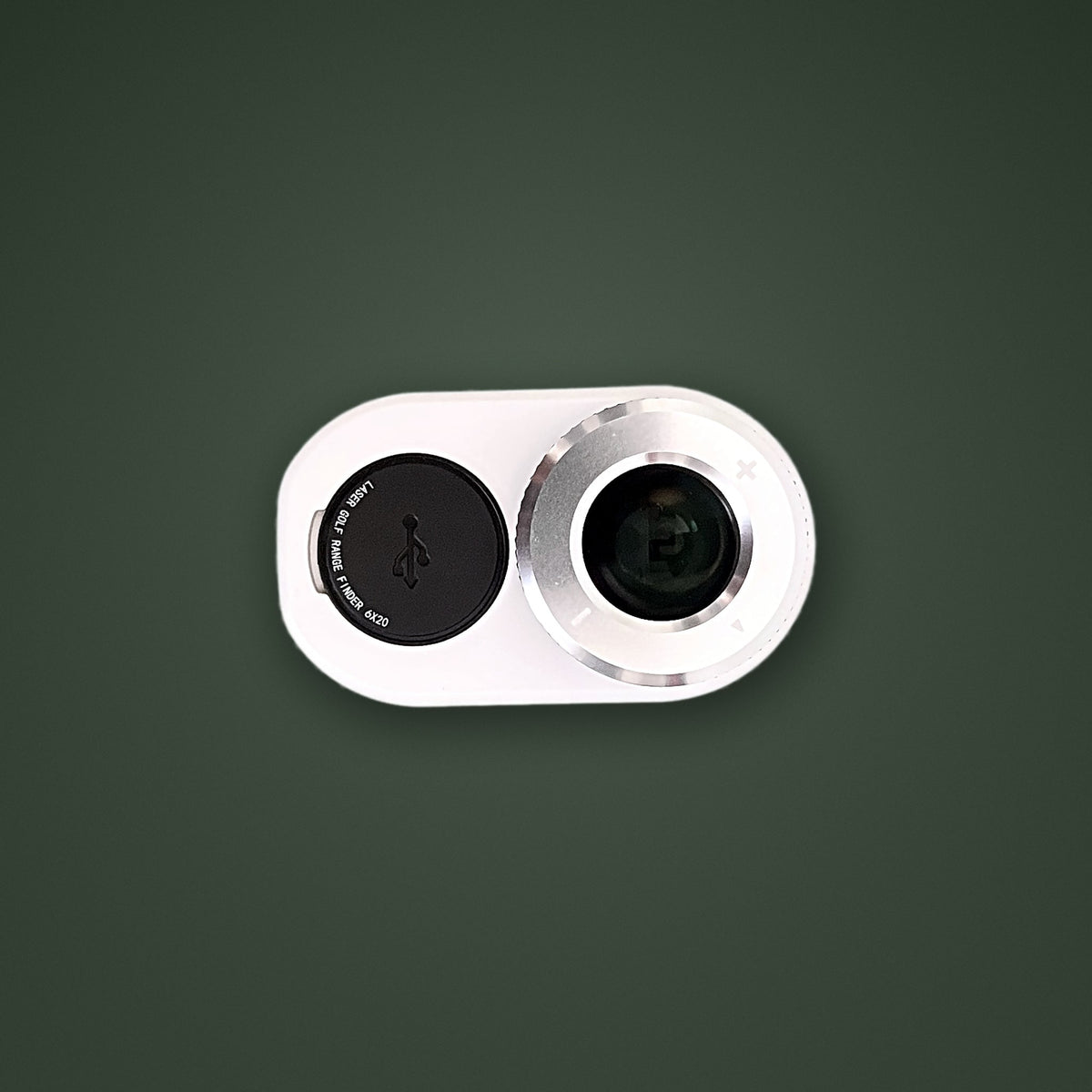 Top-down view of the SEASONS rangefinder showing the 20mm objective lens and USB-C charging port